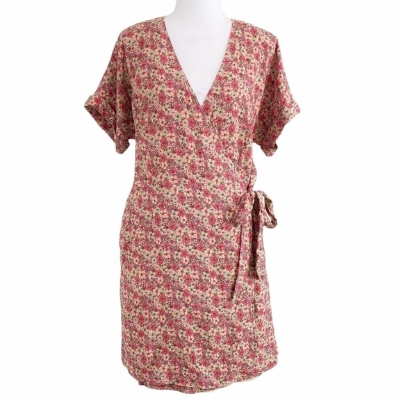 FRANK & OAK PINK GREEN COLORFUL FLORAL SHORT SLEEVE WRAP DRESS - M - Picture 2 of 10